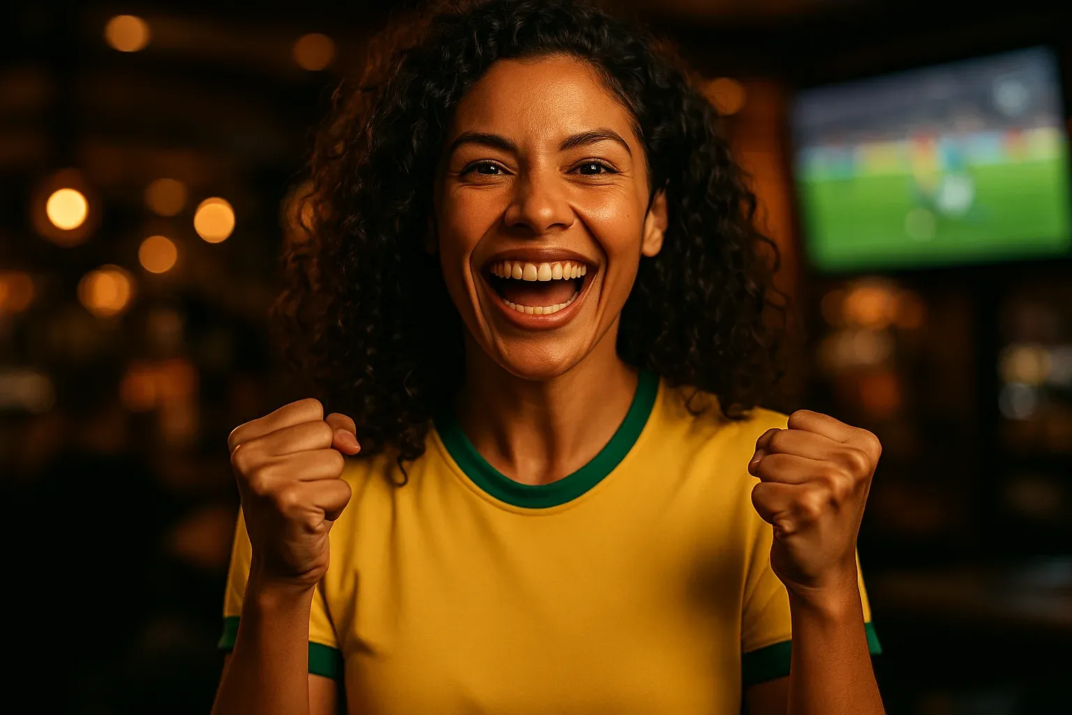 Retrato de mulher brasileira comemorando em bar esportivo com jogo de futebol ao fundo