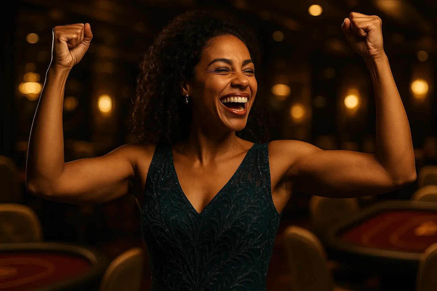 Retrato de mulher brasileira comemorando vitória no cassino com braços erguidos