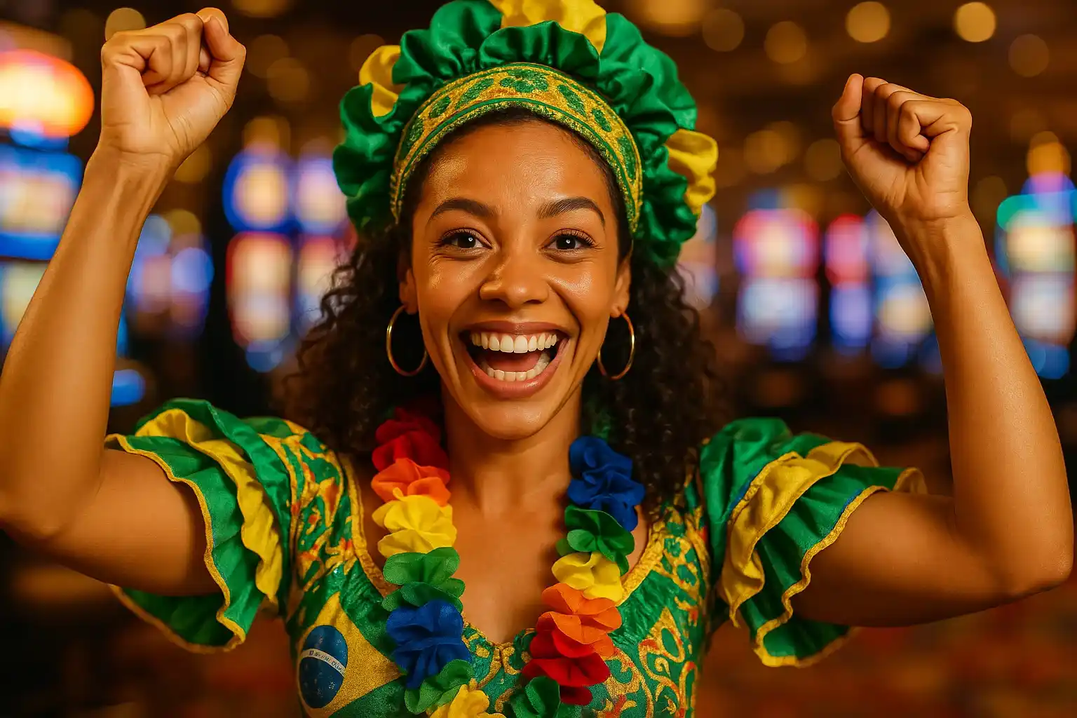 Retrato de mulher brasileira comemorando em cassino com caça-níqueis ao fundo