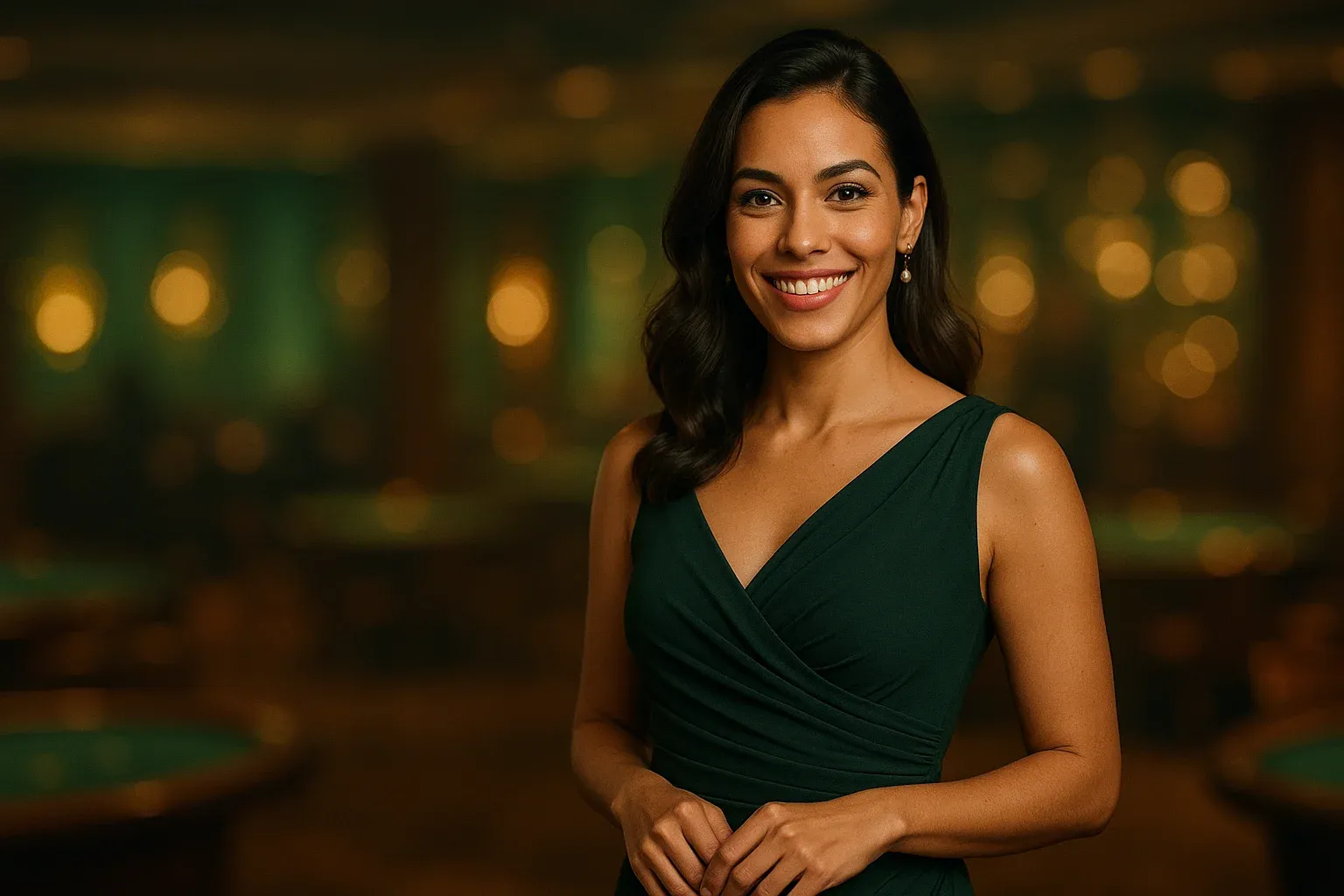 Retrato profissional de mulher brasileira elegante em vestido de noite no cassino