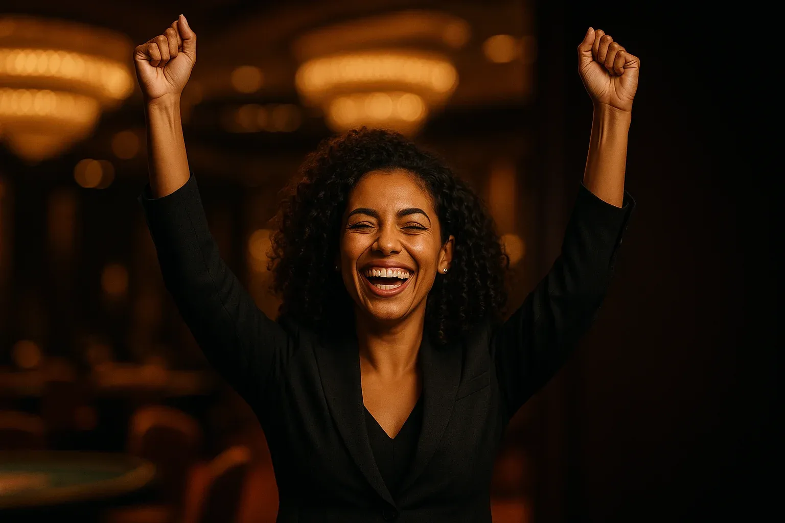 Retrato profissional de mulher brasileira alegre celebrando em lounge VIP de cassino