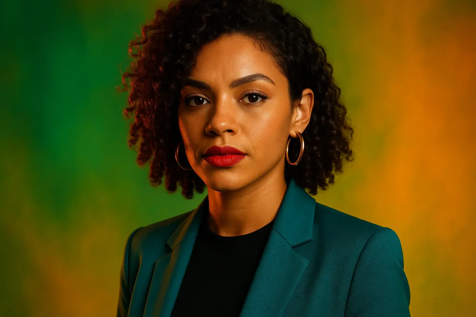 Retrato profissional de mulher brasileira estilosa em fundo gradiente verde e dourado