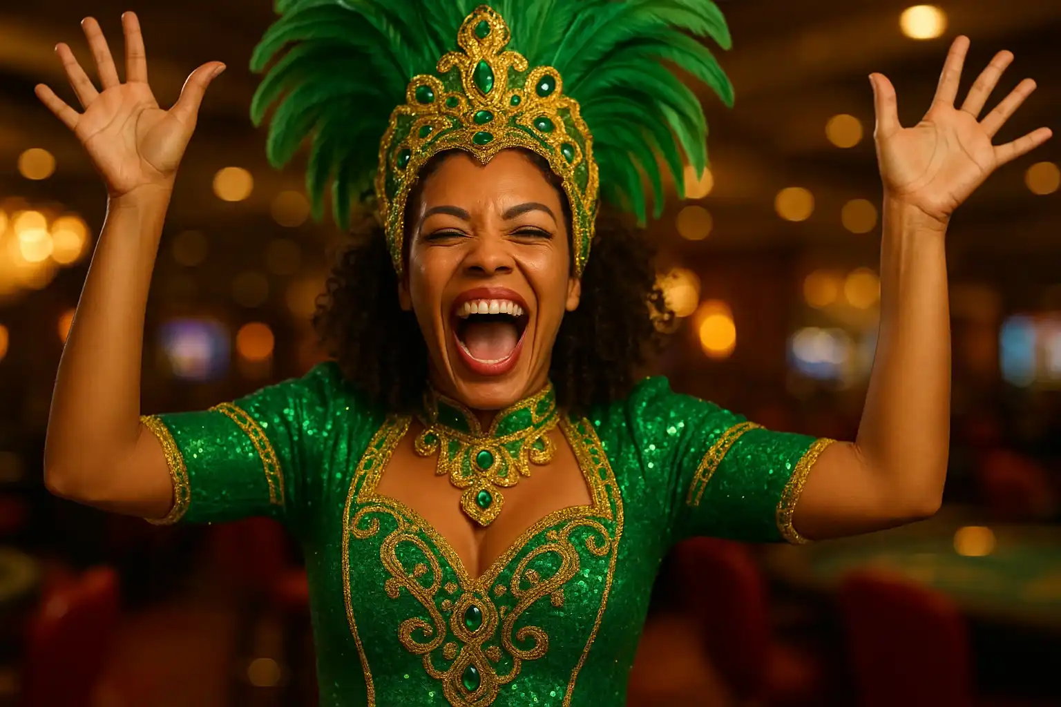 Retrato de mulher brasileira eufórica com vestido verde e ouro no cassino