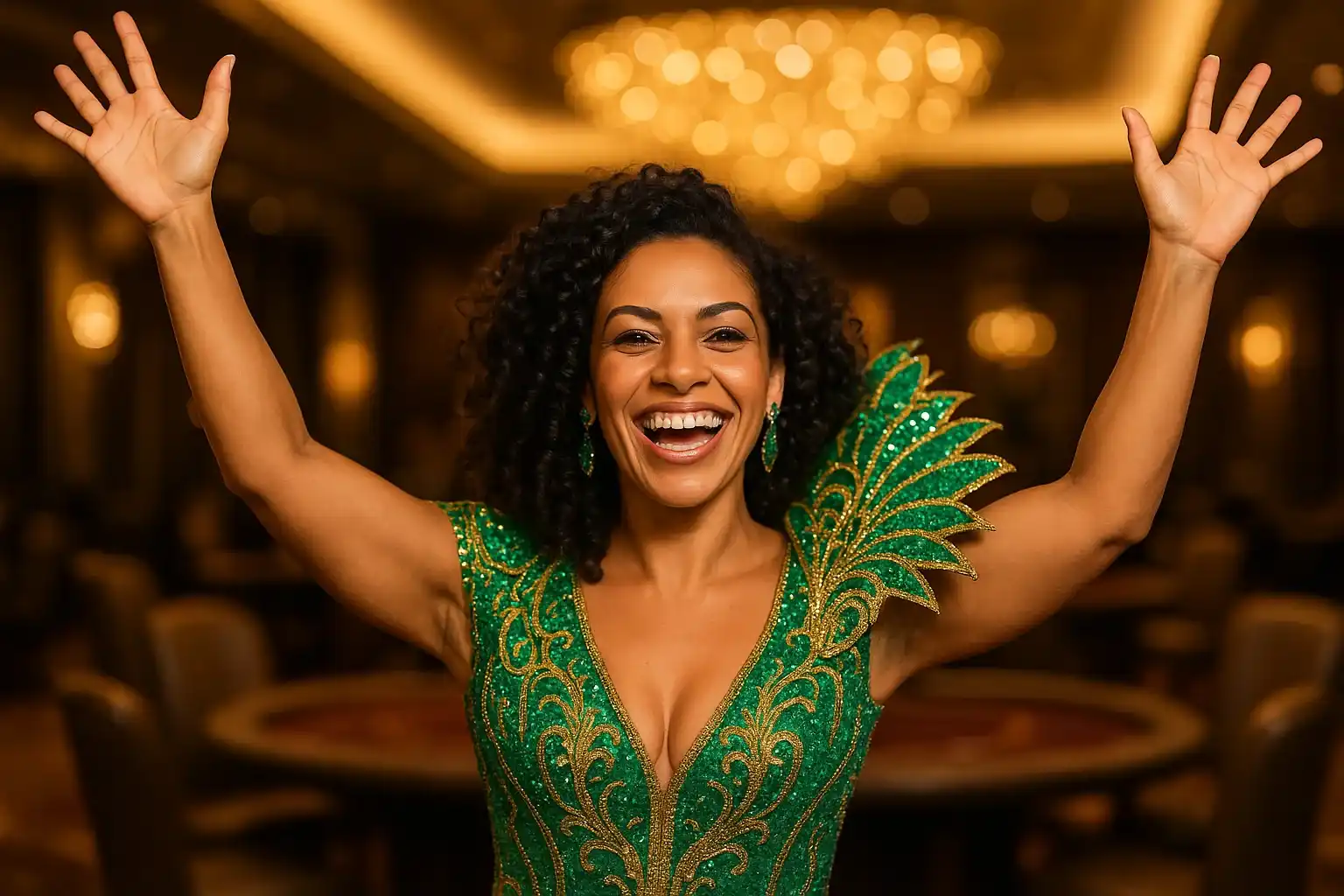 Retrato profissional de mulher brasileira alegre em vestido verde e dourado